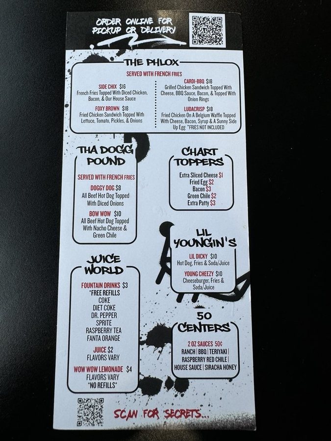 Phat Stax printed menu, back: The Phlox, Tha Dogg Pound, Chart Toppers, Lil Youngin's, Juice World and 50 Centers.