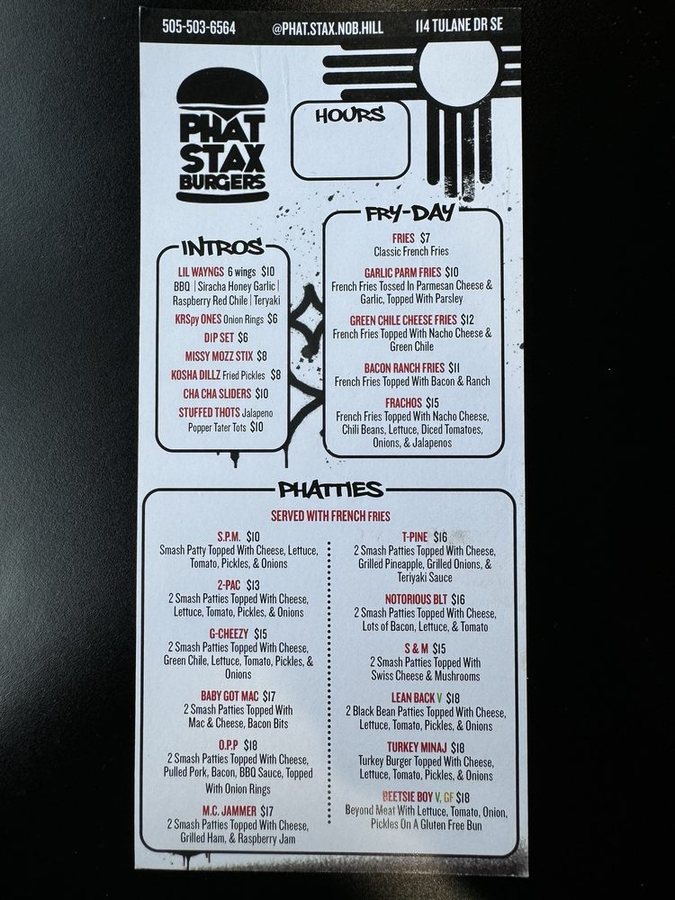 Phat Stax printed menu, front: Intros, Fry-Day and the Phatties with prices.